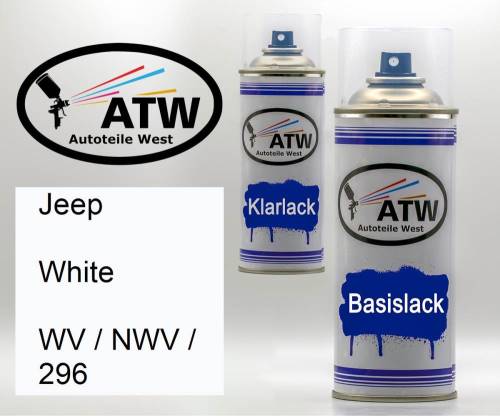 Jeep, White, WV / NWV / 296: 400ml Sprühdose + 400ml Klarlack - Set, von ATW Autoteile West.